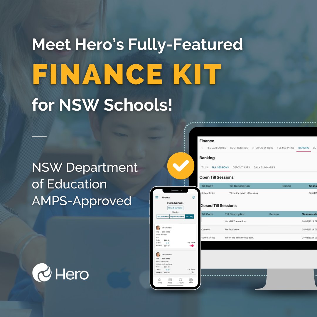 heroforschools's tweet photo. The Hero Finance Kit has the official seal of approval from @NSWEducation as an AMPS provider!

Trusted by hundreds of schools across NZ and the globe for more than 8 years, we are excited to see our powerful finance functionalities touch down in NSW.

With finance now loaded in the Hero toolkit, NSW schools can make learning and school management a breeze, with syllabus-aligned student learning, reporting, communication, billing, and administration – all in one, user-friendly platform! 🚀

#NSWEducation #HeroEd #SchoolFinance