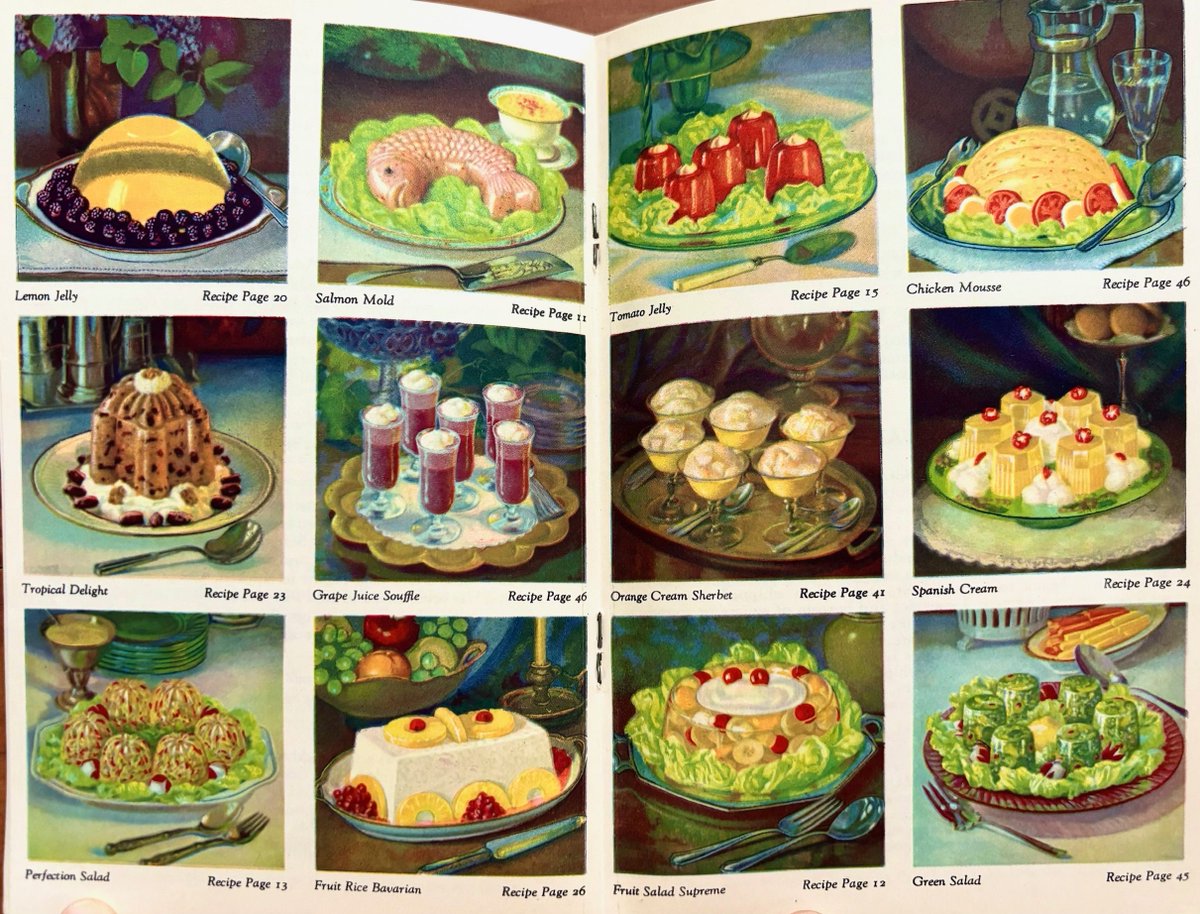 omnivorebooks's tweet photo. Sometimes, vintage booklets have the most amazing illustrations (that must've cost a fortune to produce). Here's a 1941 double-page spread in a Knox Gelatine booklet! https://t.co/4fHgExYnh2