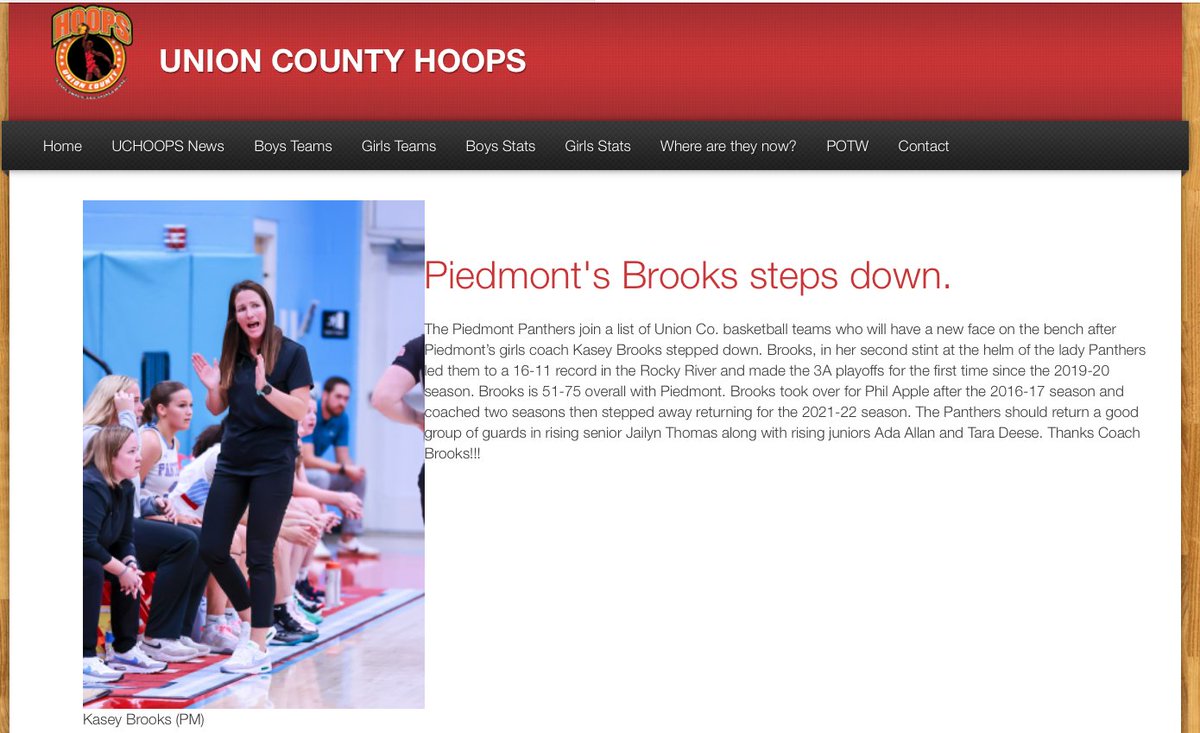 HOOPS NEWS: Piedmont's Kasey Brooks steps down. 
UnionCountyHoops.com