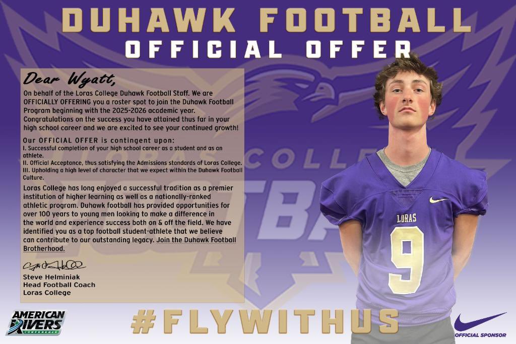 After a great conversation with <a href="/CoachHLorasFB/">Steve Helminiak</a> I am excited to announce my first offer to play at the next level from Loras! <a href="/ElkhornFB1HERD/">Elkhorn Football Team Page</a> <a href="/MJ_NFLDraft/">Mark Johnson</a>
