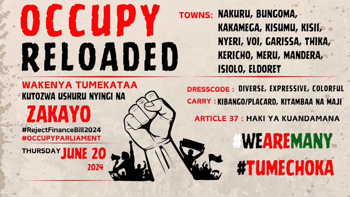 whatMackSays's tweet photo. Once again, the day is upon us!
We shall not relent until they #RejectFinanceBill2024
Our mission is very clear.
We are peaceful,
We are many,
We are coming.
#OccupyReloaded
#OccupyParliament
#TokeaThursday
cc: @NthiaNadia @Kimuzi_ @_CrazyNairobian @bonifacemwangi @kuwamocho_ https://t.co/DEqFudTSSn