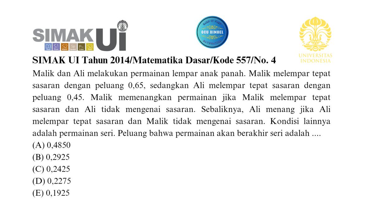 BimbelIcsiak's tweet photo. SIMAK UI Tahun 2014/Matematika Dasar/Kode 557/No. 4 (Peluang)

#tkpa #shorts #study #studytwt #studyacc #simakUI #UI #simakUI2024 #AMBISVERSE https://t.co/0cQtCL7Fuf