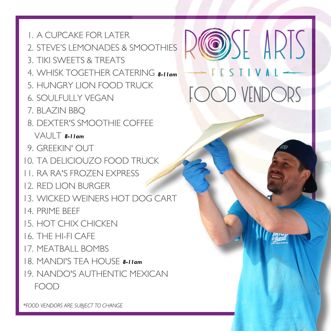 RoseArtsFest's tweet photo. We're bringing the sweets, treats and eats to Chelsea Parade Saturday, June 29th!

👀Take a look at the list of vendors bringing the flavor to Rose Arts Festival 2024!

*Food vendors are subject to change

#roseartsfestival #norwichct #thingstodoinct #musicfestival #CTfoodtrucks https://t.co/CZbqQ1VRqd