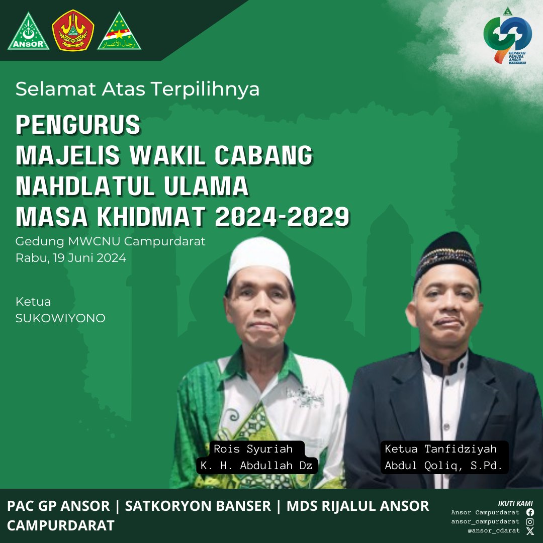ansor_cdarat's tweet photo. Selamat atas terpilihnya pengurus Majelis Wakil Cabang Nahdlatul Ulama Campurdarat Campurdarat masa khidmat 2024-2029.
Rois Syuriah Abdullah Dz
Ketua Tanfidziyah Abdul Qoliq https://t.co/r2qCUp3A32