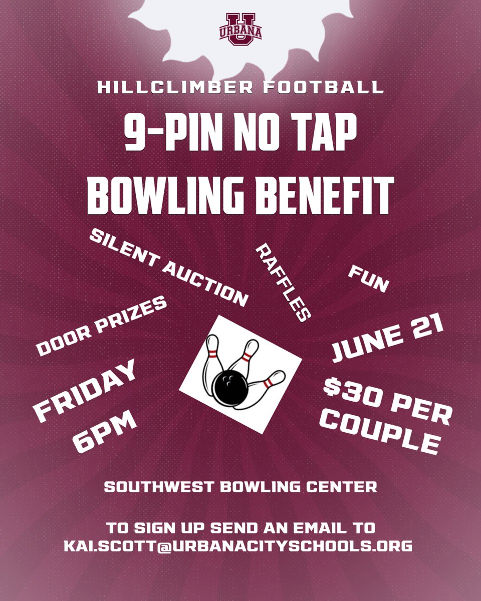 Still have lanes, but time is running out.  Get signed up for the Urbana Football Bowling Benefit at the Southwest Bowling Center.  You can sign up at the link below.

docs.google.com/forms/d/e/1FAI…
