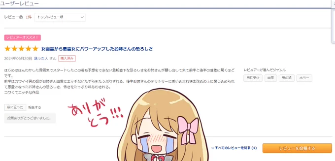 早速レビューありがとう!!!!
レビュー本当に本当に本当に助かる!!!
君たちが思ってる100倍はすごい効果を発揮するんだレビューって!本当にありがとう～～～! 