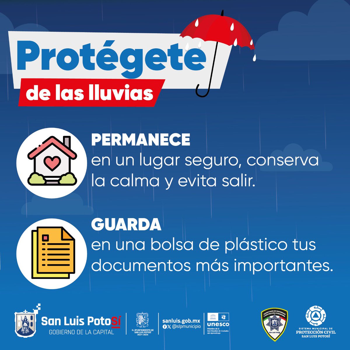 👀 Ojo con esta información, favor de compartir 🔄✔️

⚠️Protección Civil Municipal emite recomendaciones de seguridad ante pronóstico de lluvia en la Capital potosina ⛈️💨

❗️De acuerdo con el reporte del Sistema Meteorológico Nacional, se preven condiciones de lluvia en el