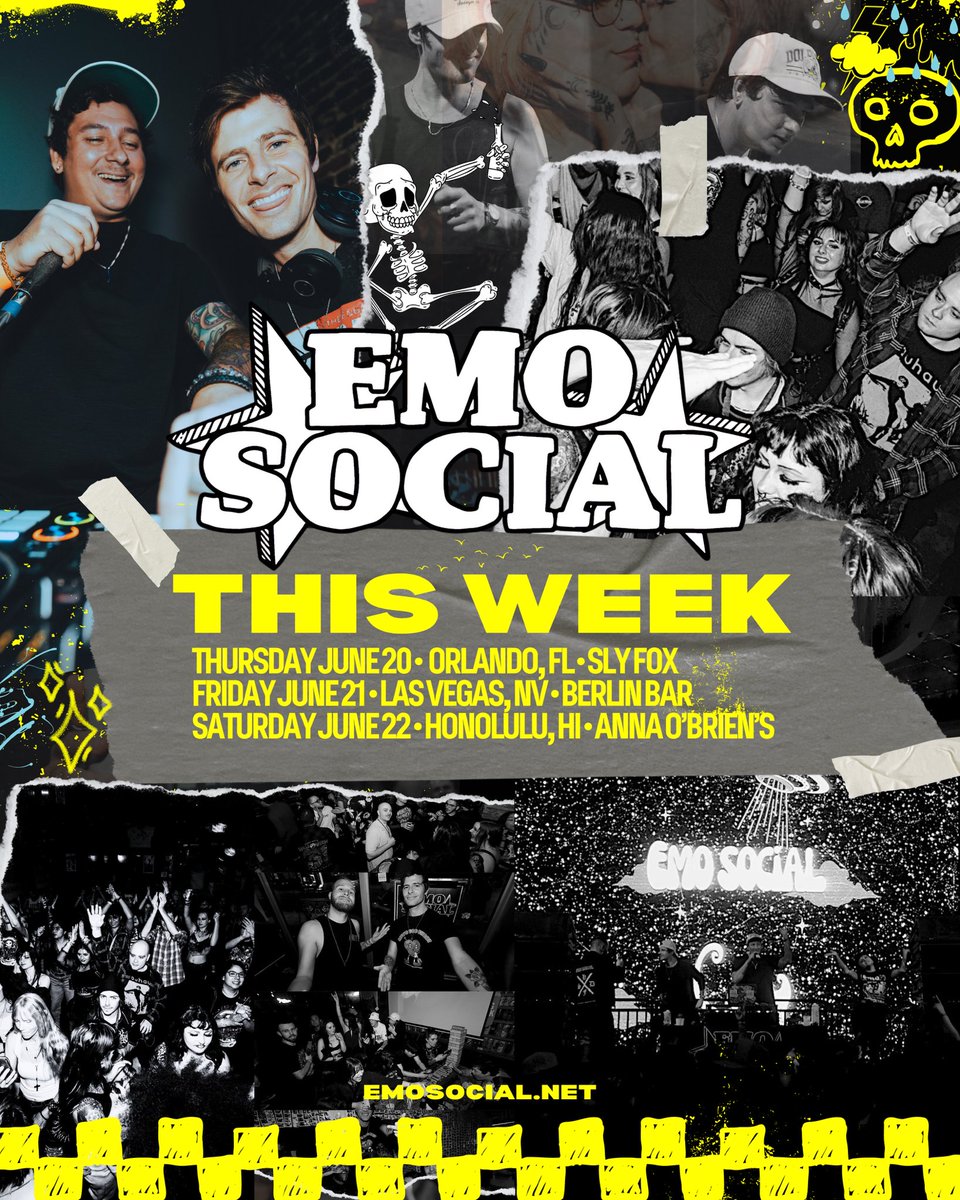 EMO SOCIAL TOUR DATES THIS WEEK
☀️🤘🏼⚡️🌦️

Thur. June 20th • Orlando, FL • Sly Fox Pub
Fri. June 21st • Las Vegas, NV • Berlin Bar
Sat. June 22nd • Honolulu, HI • Anna O’Brien’s

tickets/info: emosocial.net