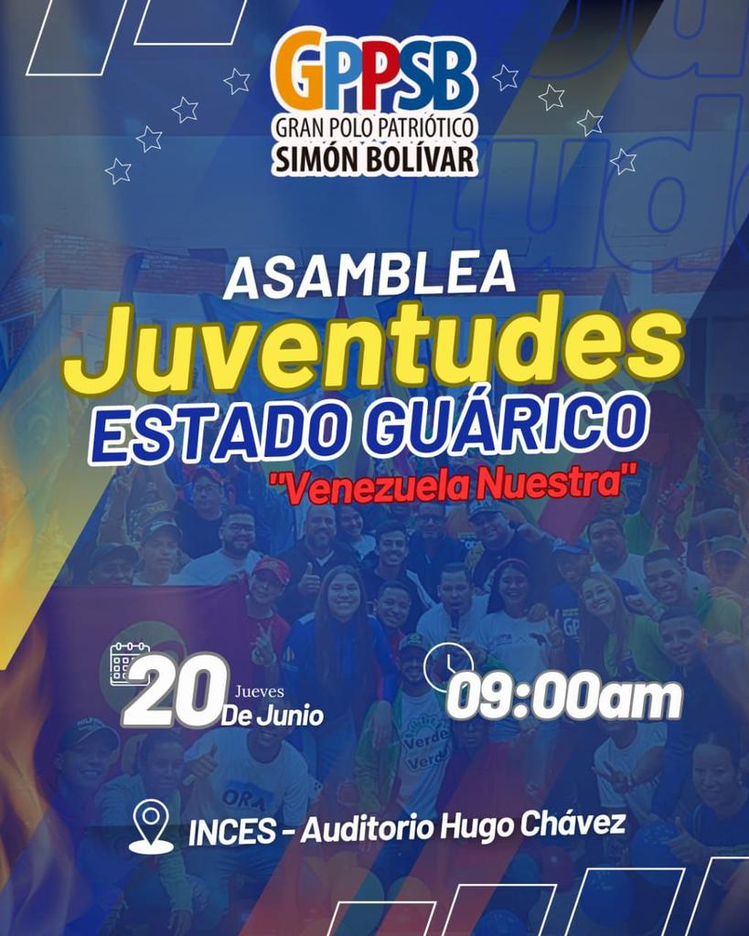 #19Junio Desde el Municipio Roscio en El Estado Guarico todo listo para la Asamblea de las Juventud
#LaEsperanzaEstáEnLaCalle #PuebloLealSiempre <a href="/NicolasMaduro/">Nicolás Maduro</a> <a href="/dcabellor/">Diosdado Cabello R</a> <a href="/DidalcoBolivar1/">DidalcoBolivar</a> <a href="/YeisisOrozco/">Yeisis Orozco</a> <a href="/IsabelFiguere14/">Isabel Figueredo</a>  <a href="/jorgerpsuv/">Jorge Rodríguez</a> <a href="/JoseGVielmaMora/">Vielma Mora</a> <a href="/josemvasquez/">José Vásquez</a> <a href="/DonaireDonald_/">Donald Donaire</a>