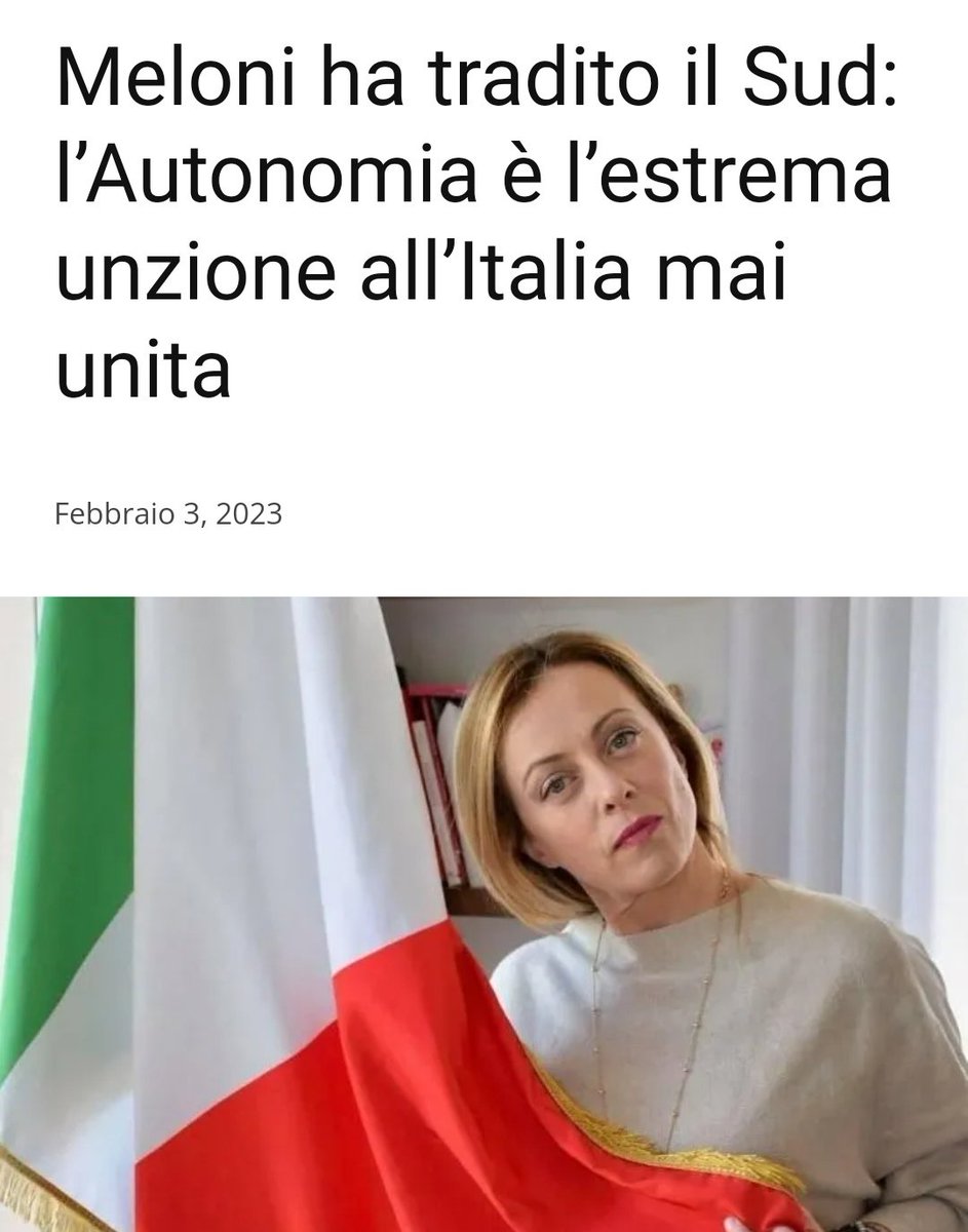 miki24039610005's tweet photo. Segnate questo giorno perché è il giorno + vergognoso per noi italiani. la #patriota #meloni ha diviso Italia in 2 il #sud + #povero e #nord + #ricco. A tutti i miei concittadini del #sud Italia #meloni ci ha #tradito e non dobbiamo maiii + votarla al #sud
#autonomiadifferenziata https://t.co/44S9iV4hRt