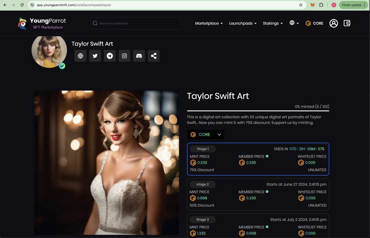 YoungParrot, NFT Marketplace & Token Launchpad (@youngparrotnft) on Twitter photo 🚀🚀🚀New NFT Launchpad
Taylor Swift Art is a digital art collection with 33 unique digital art portraits of Taylor
Swift... Now you can mint it with 75% discount. Support us by minting.
Mint at app.youngparrotnft.com/core/launchpad…
Owner: <a href="/CorePlus_Org/">Core PLUS 🔶️</a>
Website: coreplus.ir 🚀🚀🚀New NFT Launchpad
Taylor Swift Art is a digital art collection with 33 unique digital art portraits of Taylor
Swift... Now you can mint it with 75% discount. Support us by minting.
Mint at app.youngparrotnft.com/core/launchpad…
Owner: <a href="/CorePlus_Org/">Core PLUS 🔶️</a>
Website: coreplus.ir