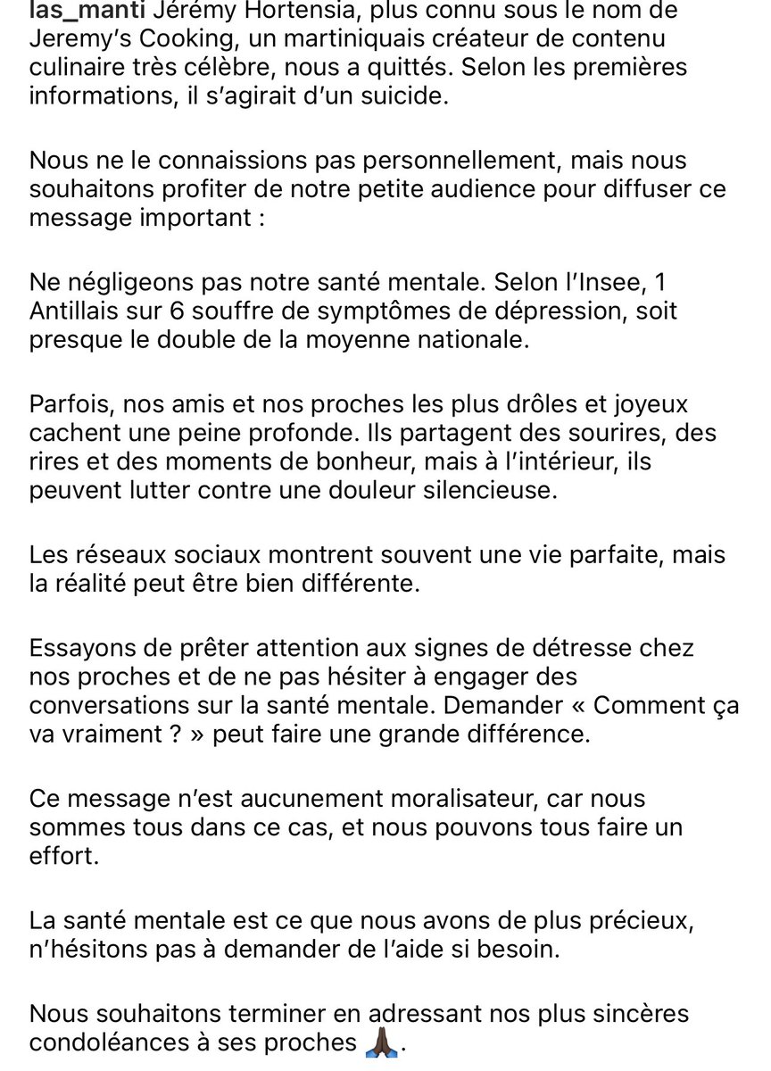 Lasmanti972's tweet photo. Disparition de Jeremy’s cooking : message sur l’importance de la santé mentale https://t.co/ISPg0iruFV