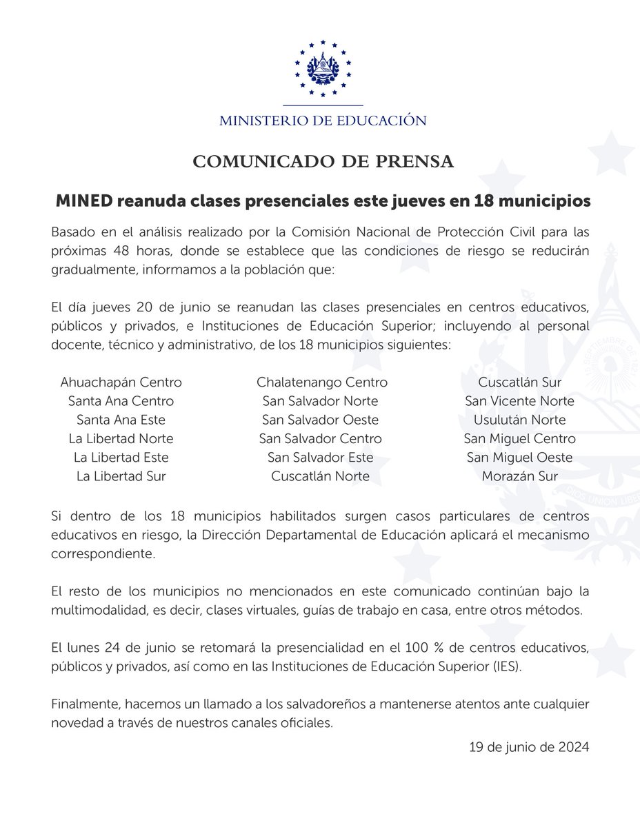 📢 | Informamos a la comunidad educativa que las clases y actividades académicas presenciales se reanudarán en 18 municipios el día jueves 20 de junio, desde Educación Inicial hasta Educación Superior, siguiendo las recomendaciones emitidas por la Comisión Nacional de Protección