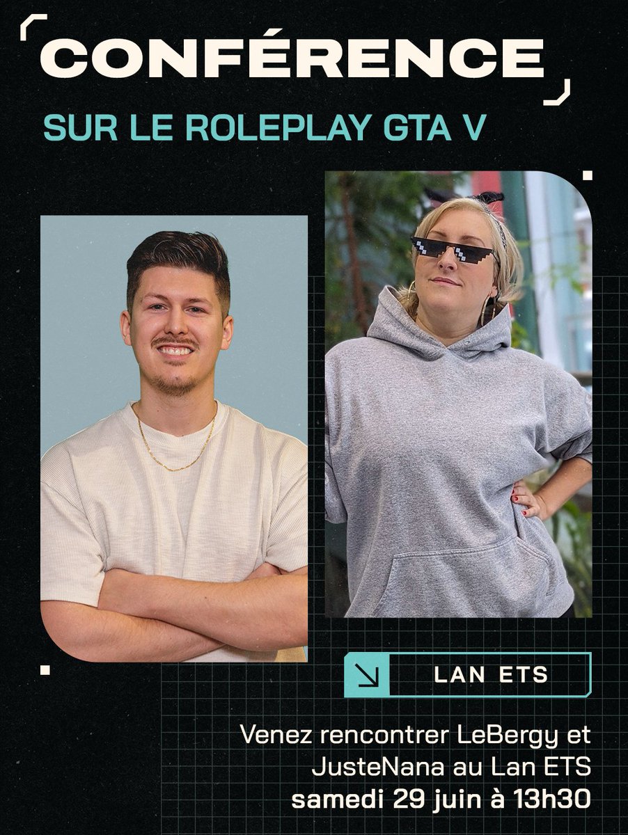On aura des invités spéciaux qui présenteront une conférence sur le jeu de rôle dans GTA V! Venez voir <a href="/NobuBergy/">LeBergy</a> et @JusteNana__ le samedi à 13 h 30! 🤩

#lanets2024 #GTA5 #GTAV #GTAVRP #GTARP