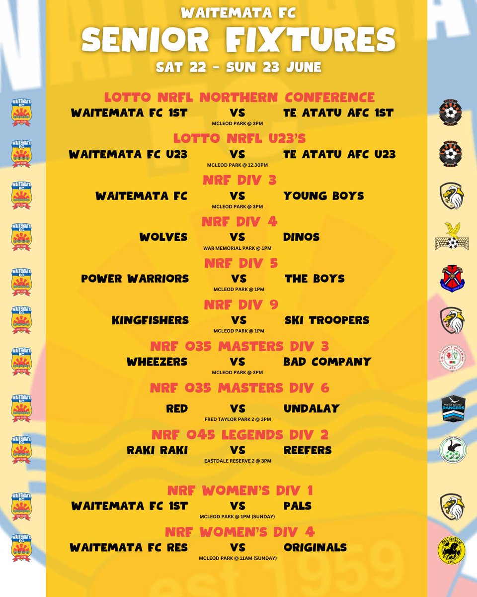 WaitemataFc's tweet photo. ⚽️ SENIOR FIXTURES 22/23 JUNE ⚽️

GOOD LUCK TO ALL OF OUR SENIOR TEAMS PLAYING THIS WEEKEND 🔴🟡

#wearemata #waitematafc #waitematafcwomen #juniorfootball #youthfootball #seniorfootball

@WaitemataFc  @NRF_Football  @NZ_Football https://t.co/txKccJIqYj