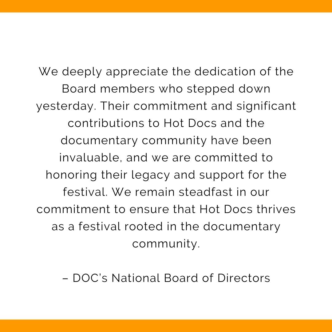 DOCorg's tweet image. DOC BOARD STATEMENT IN RESPONSE TO HOT DOCS BOARD RESTRUCTURING

On June 19th, 2024 Hot Docs announced that they are restructuring the Hot Docs Board: buff.ly/3VwTxhZ