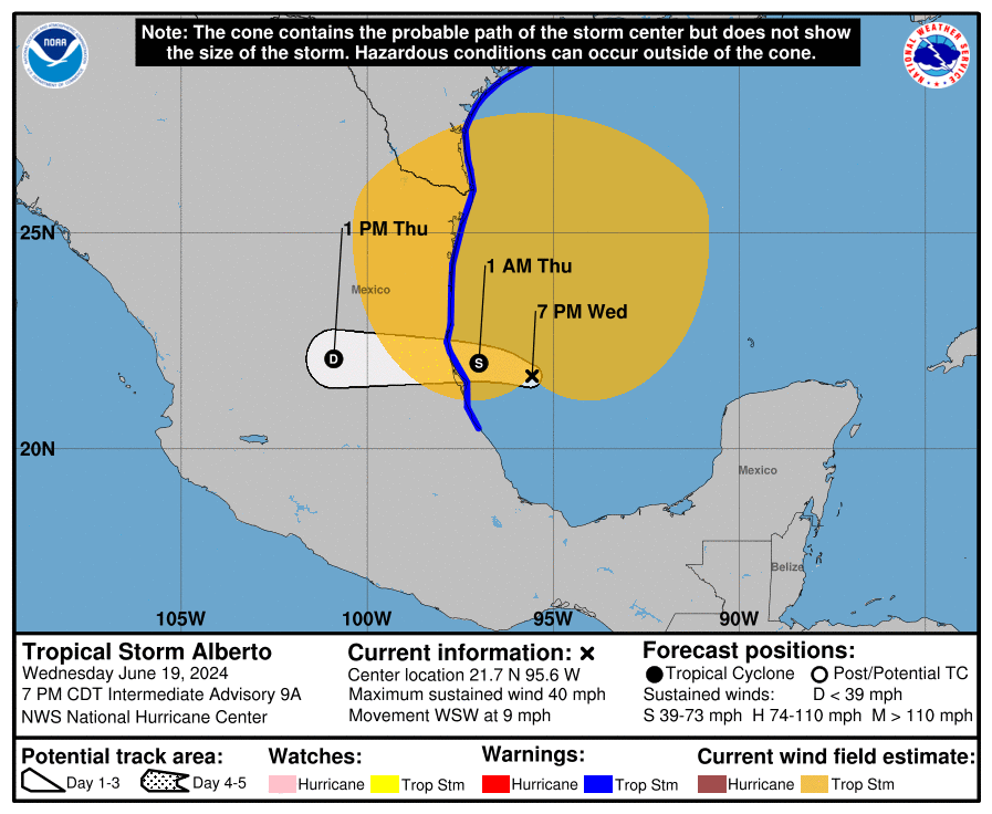LimWeather's tweet photo. 40mph #Alberto, to become a 45mph #TropicalStorm by #Tamaulipas, #Mexico landfall #TropicalStormWarning issued for them, S #Texas
#Wxtwitter #TropicsWx #HurricaneSeason2024 #wxx #HurricaneSeason #TXwx #STXwx #FlashFlood #TropicalStormAlberto #RGV #RGVwx #FlashFlood #Mudslide https://t.co/OqOxRpVMIV