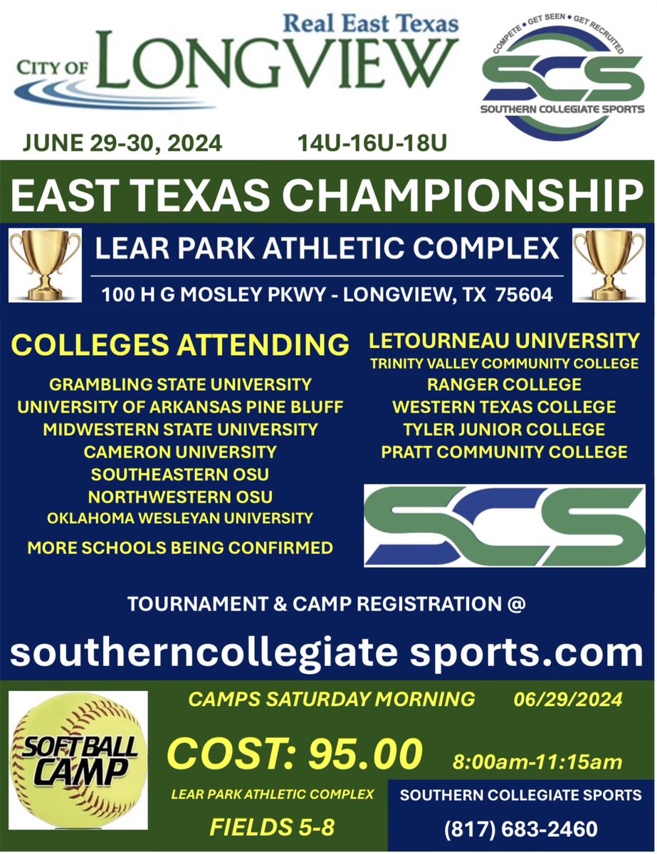 East Texas Championship 

🗓️June 29-30
🏟️Lear Park Athletic Complex 
📍 100 H G Mosley Pkwy
Longview, TX  75604
 🎟️ 695.00 (no pay at the plate, umpire fee included)
❔2 seeding pool games, double elimination bracket 

🏆Tournament Registration Link: register.ryzer.com/camp.cfm?id=26…
