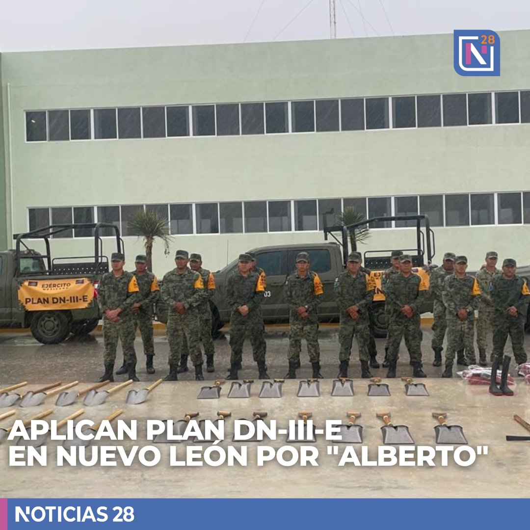 Noticias28nl's tweet photo. El Ejército Mexicano y la Guardia Nacional activaron el Plan DN-III-E en Nuevo León por el paso de la tormenta "Alberto". 

#Noticias28 #Plan #DNIIIE #NuevoLeón #Lluvias #Alberto https://t.co/R2EuU9iJ1V