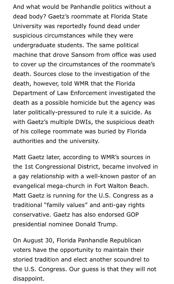 xbhaskarx's tweet image. Not enough people know about the dead college roommate... Some journalist needs to ask Matt Gaetz about this story from August 2016 before he became well known:

intrepidreport.com/archives/18966