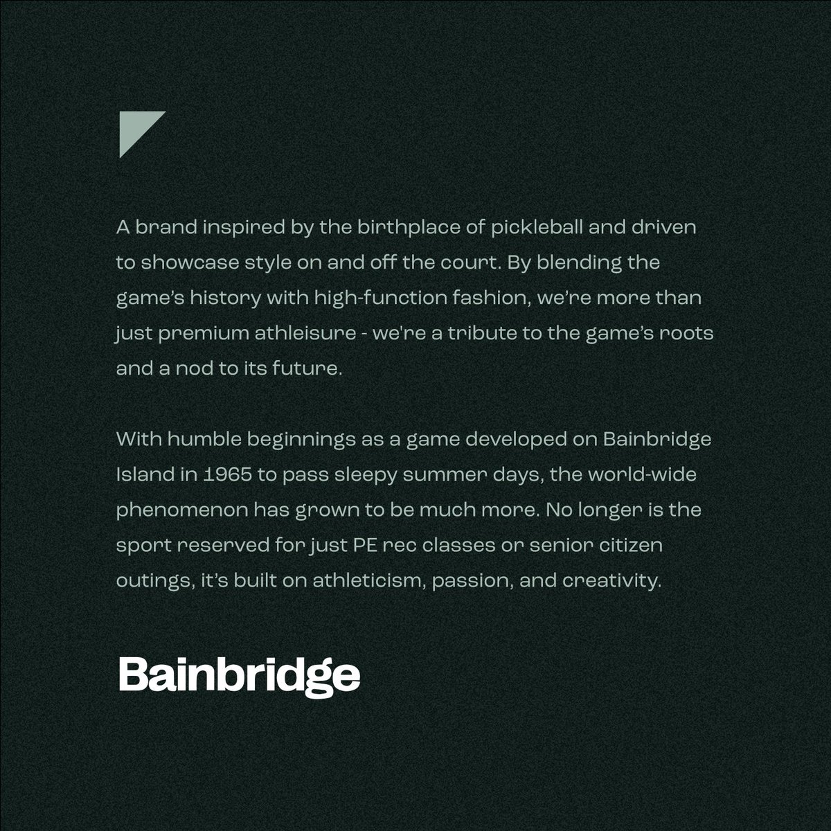 Bainbridge's tweet image. "No longer is this sport reserved for PE rec classes." This sport is evolving. It's time for the apparel to catch up.
.
Bainbridge: Premium Pickleball Apparel
.
Coming soon to a court near you 👀
.
.
.
#pickleball #bainbridge #bainbridgepickleball #welcometobainbridge