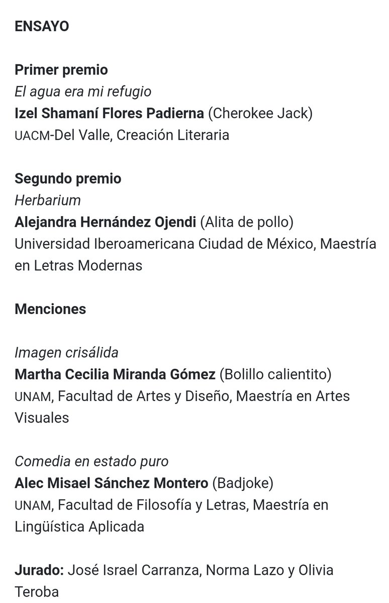 Con gusto les comparto que gané el primer lugar, en la categoría de ensayo, de la edición 55 del #ConcursoPuntodePartida UNAM. Es una muestra de lo que trabajé con la beca de Jóvenes Creadores. Gracias a mis compañeros del <a href="/FaroIndiosVerde/">Faro Indios Verdes</a>. 
<a href="/UACM/">UACM</a>