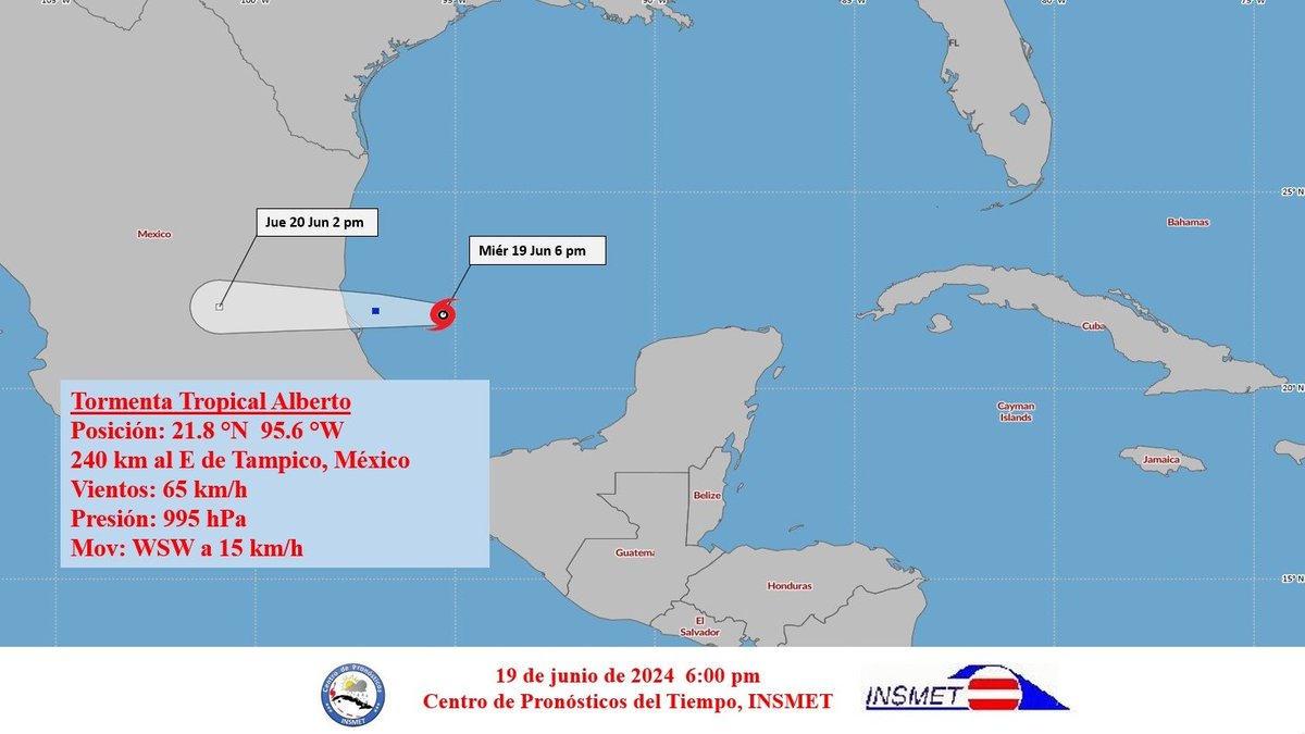 AVISO DE CICLON TROPICAL.
CENTRO DE PRONÓSTICOS, INSMET.
Fecha: 19 de junio de 2024. Hora: 6:00 pm.

AVISO DE CICLÓN TROPICAL No.2.
TORMENTA TROPICAL ALBERTO.

🌪️... Alberto permanece sobre el oeste del golfo de México.
✔️ Este sistema ciclónico no representa peligro para Cuba.