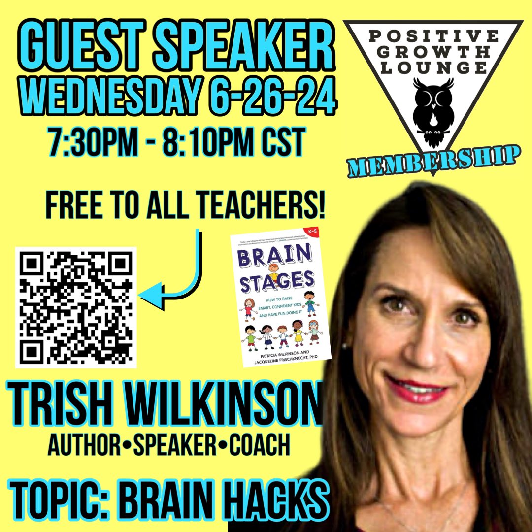 Excited to host author, speaker, &amp; educator Trish Wilkinson of Brain Stages at our next Positive Growth Lounge Teacher meetup! 🔥 

She’ll be sharing simple brain hacks to help our own wellness and also those of our students! 

All Educators are welcome!

forms.gle/nRJeZgpACfSpq9…