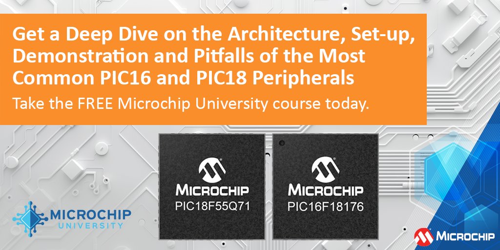 MicrochipTech's tweet photo. Get a deep dive on 8-bit PIC® MCU peripherals. This FREE course presents information on the architecture, setup, demonstration and pitfalls of the most common PIC16 and PIC18 peripherals. Register: https://t.co/0aijcsDmcw. #8bit #PIC16 #PIC18 #MCUs https://t.co/uzBJRDaEuw