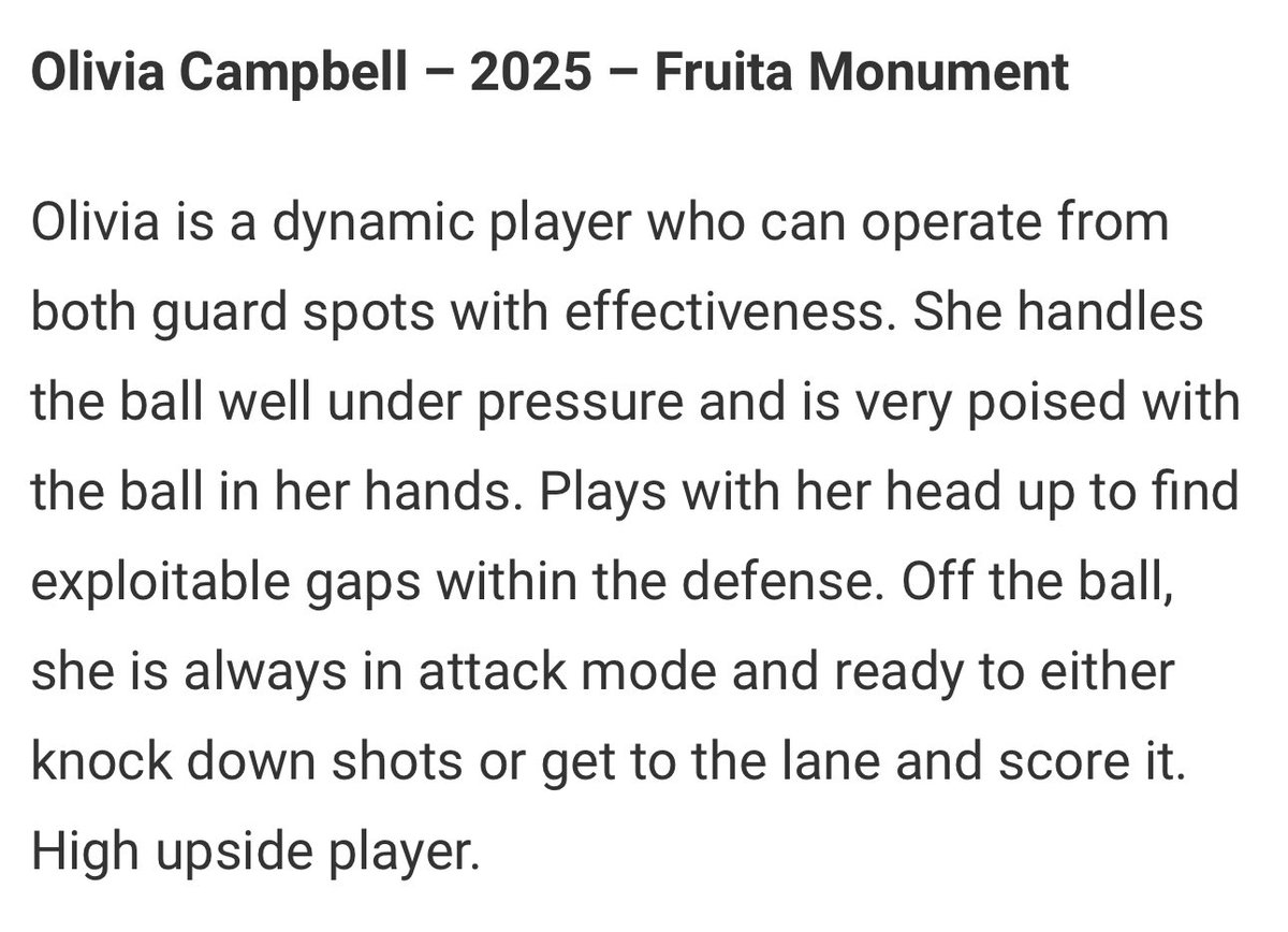 Olivia “Liv” Campbell (@livnation2) on Twitter photo Thank you <a href="/JrAllStarCO/">Colorado Jr. All-Star GBB</a> for the evaluation write-up!
<a href="/grithoops/">GRIT</a> <a href="/COHoops5280/">Colorado Hoops</a> <a href="/hoopstracker/">Hoopstracker</a> <a href="/girlsbballco/">GIRLS BASKETBALL COLORADO</a> Thank you <a href="/JrAllStarCO/">Colorado Jr. All-Star GBB</a> for the evaluation write-up!
<a href="/grithoops/">GRIT</a> <a href="/COHoops5280/">Colorado Hoops</a> <a href="/hoopstracker/">Hoopstracker</a> <a href="/girlsbballco/">GIRLS BASKETBALL COLORADO</a>