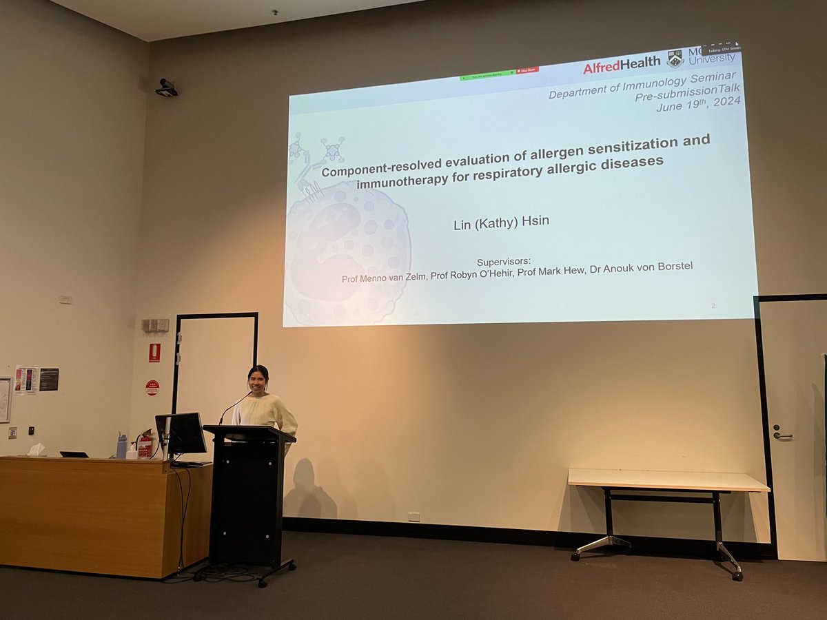 MonashImmunol's tweet photo. A huge congratulations to @HsinKathy on her final PhD seminar! A brilliant talk on the amazing work Kathy has done in the Allergy &amp; Clinical Immunology Lab over the last ~3 years. We look forward to supporting her on this final stretch as she writes her thesis! 📖 https://t.co/s7G20gBb7z