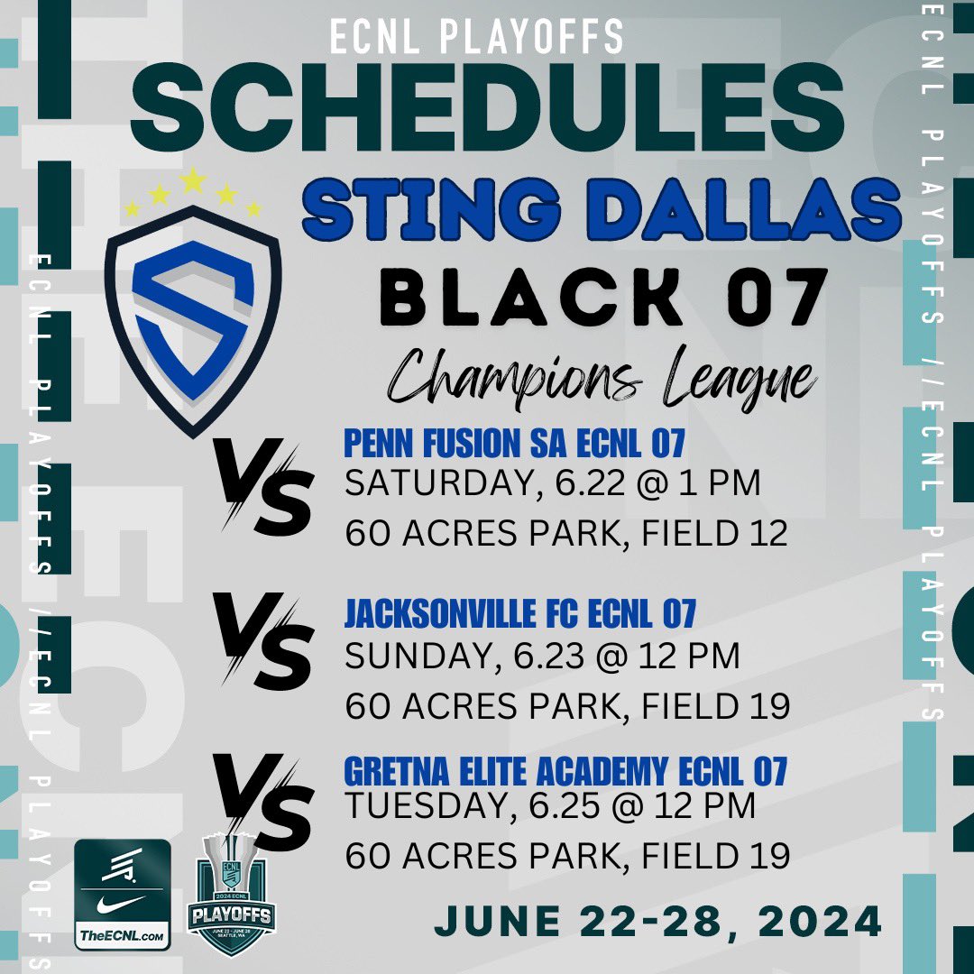 StingDallasBlack07ECNL (@stingecnl07) on Twitter photo Last team training tonight before heading to Seattle for Playoffs!
<a href="/adamflynnAF/">Adam Flynn</a>
<a href="/StingSoccerClub/">Sting Soccer Club</a>
<a href="/TheSoccerWire/">SoccerWire</a>
<a href="/ImYouthSoccer/">ECNL/GA/Recruiting/College Soccer</a>
<a href="/ImCollegeSoccer/">College Soccer Truth ™</a>
<a href="/ECNLgirls/">ECNL Girls</a> Last team training tonight before heading to Seattle for Playoffs!
<a href="/adamflynnAF/">Adam Flynn</a>
<a href="/StingSoccerClub/">Sting Soccer Club</a>
<a href="/TheSoccerWire/">SoccerWire</a>
<a href="/ImYouthSoccer/">ECNL/GA/Recruiting/College Soccer</a>
<a href="/ImCollegeSoccer/">College Soccer Truth ™</a>
<a href="/ECNLgirls/">ECNL Girls</a>