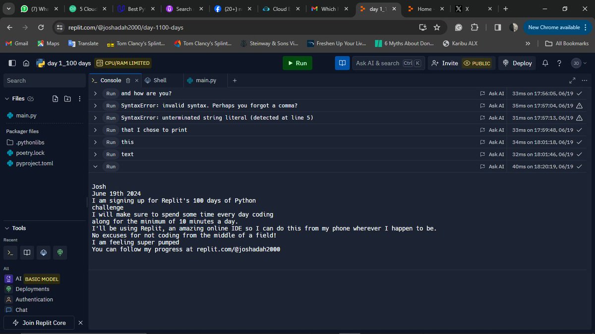 _incredibleJOSH's tweet image. Hey guys. I just started my #replit100DaysOfCode with Replit.  1 day down, 99 more to go.