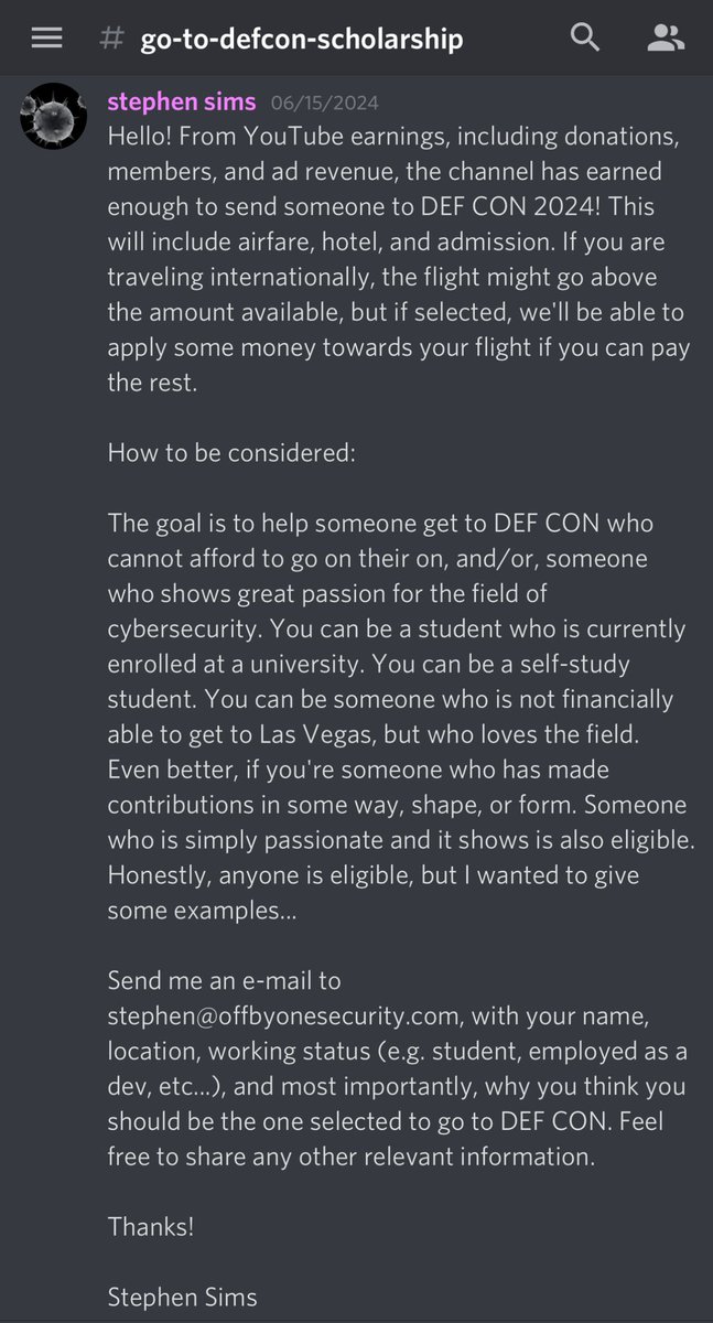 Stephen Sims (@steph3nsims) on Twitter photo Hello! I’m going to close the “Go to DEF CON” award from the <a href="/offby1security/">Off By One Security</a> YouTube channel on July 1st. Click on the image below to expand the details and requirements to enter. Visit and join discord.gg/offbyonesecuri… for more details! Hello! I’m going to close the “Go to DEF CON” award from the <a href="/offby1security/">Off By One Security</a> YouTube channel on July 1st. Click on the image below to expand the details and requirements to enter. Visit and join discord.gg/offbyonesecuri… for more details!