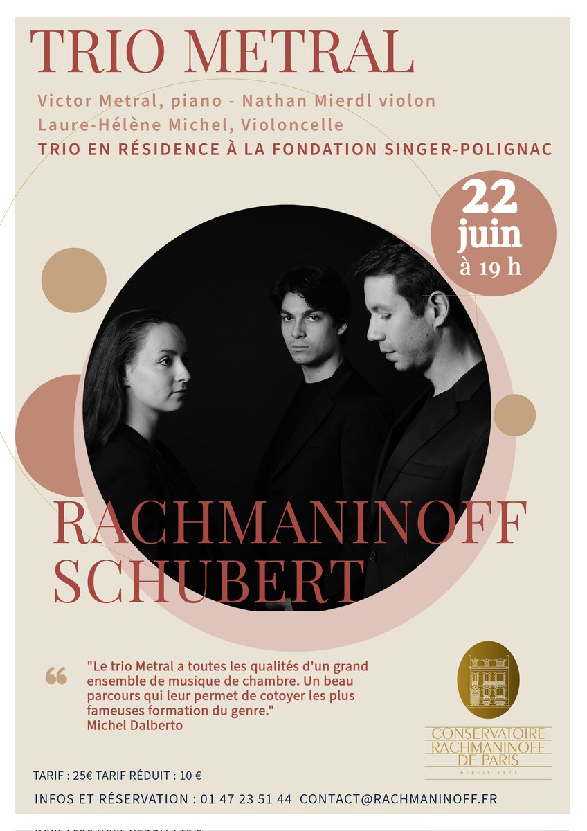 Victor Metral (@victormetral) on Twitter photo Prochain concert du <a href="/TrioMetral/">Trio Metral</a> à Paris ce samedi 22 juin à 19h au Conservatoire Rachmaninoff !
Infos et resa : 0147235144 contact@rachmaninoff.fr
Avec <a href="/SingerPolignac/">Fondation Singer-Polignac</a>, <a href="/ladolcevolta/">La Dolce Volta</a>, <a href="/pianoalyon/">Piano à Lyon</a>, @NathanMierdl, LaureHélèneMichel, <a href="/victormetral/">Victor Metral</a> Prochain concert du <a href="/TrioMetral/">Trio Metral</a> à Paris ce samedi 22 juin à 19h au Conservatoire Rachmaninoff !
Infos et resa : 0147235144 contact@rachmaninoff.fr
Avec <a href="/SingerPolignac/">Fondation Singer-Polignac</a>, <a href="/ladolcevolta/">La Dolce Volta</a>, <a href="/pianoalyon/">Piano à Lyon</a>, @NathanMierdl, LaureHélèneMichel, <a href="/victormetral/">Victor Metral</a>