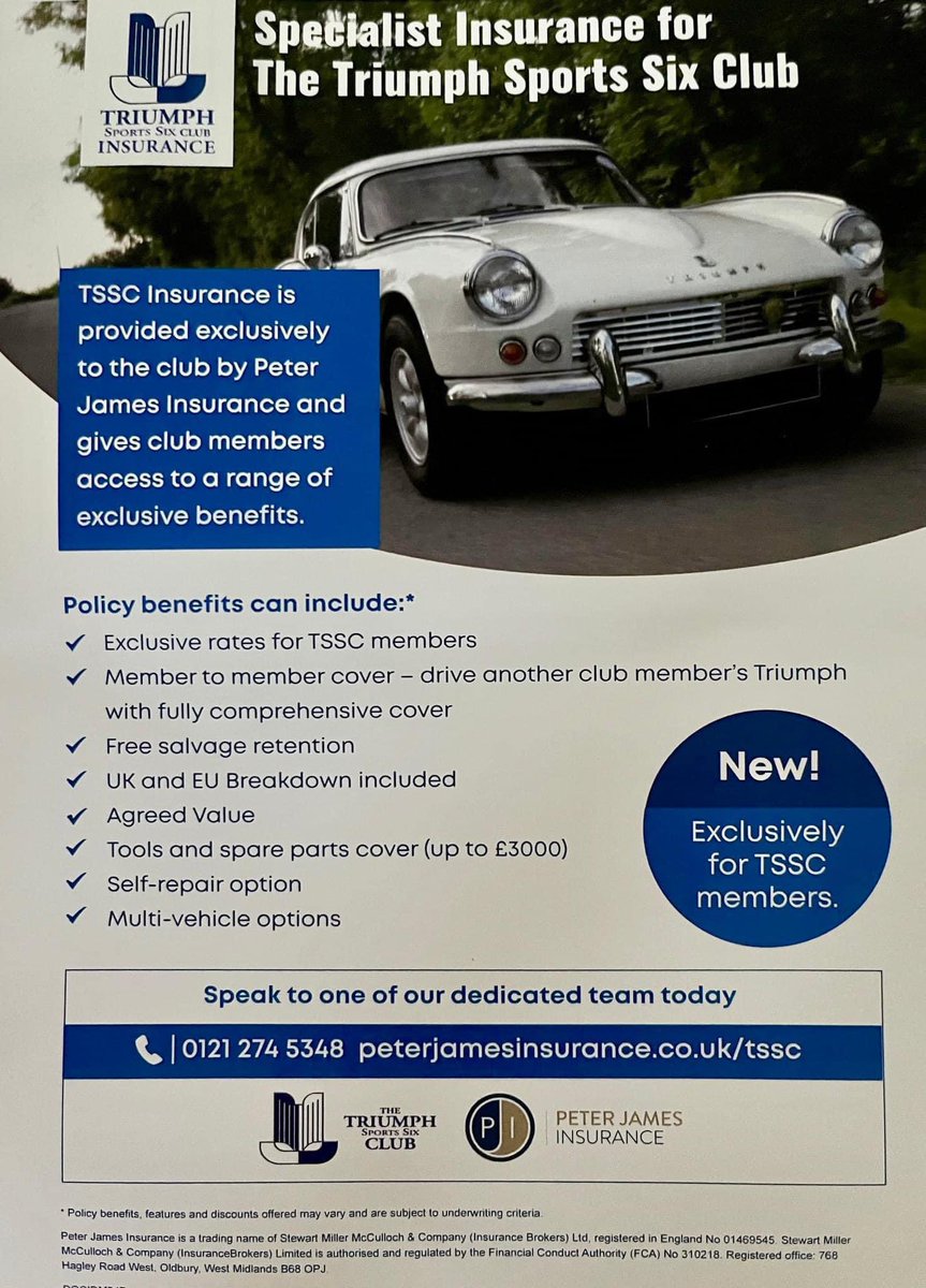TriumphSSixClub's tweet photo. Is it time for your Insurance renewal??
Give Peter James a call & tell them we sent you ….😊
There are some great deals to be had, loads of very attractive features all exclusive to our membership..
#TSSC #Triumph #restorationshow #peterjamesinsurance https://t.co/iLbQkphwei