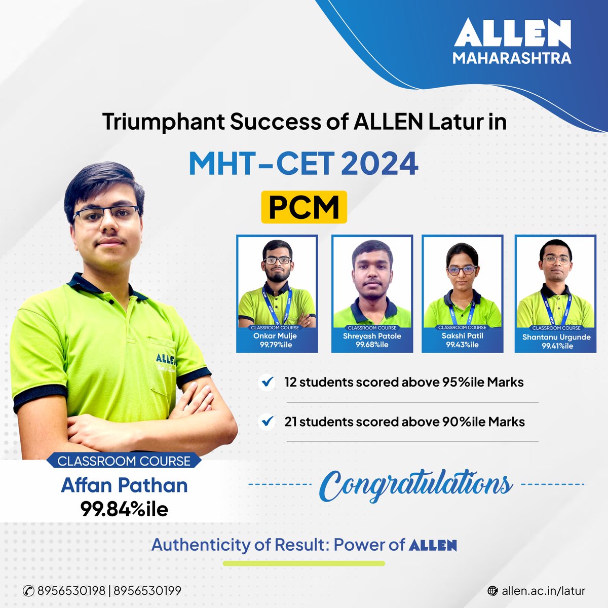 ALLENMaharashtr's tweet photo. ✌️ Extraordinary performance by #ALLENLatur in MHT-CET 2024 Result.
#Congratulations on your outstanding achievement!
🎓 Authenticity of Result: Power of ALLEN
Heartiest congratulations to all!
#MHTCETResult #ALLENites #Education #ALLENHaiTohMumkinHai #ALLENMaharashtra https://t.co/mXSDhmdIYp