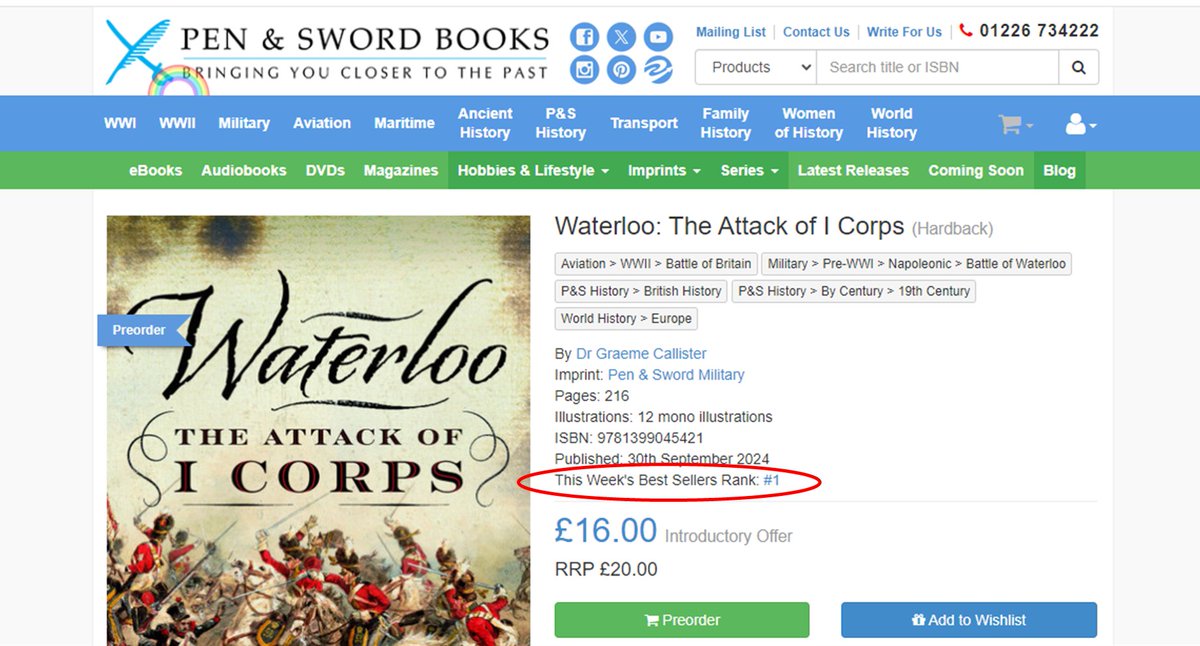 Please excuse the purely self-indulgent post, but I'm really happy to see that 'Waterloo: the Attack of I Corps' has gone to #1 bestseller on the <a href="/penswordbooks/">Pen & Sword Books</a> website! It's made my week! 😁

Many thanks to everyone who pre-ordered - so pleased people find the topic interesting!
