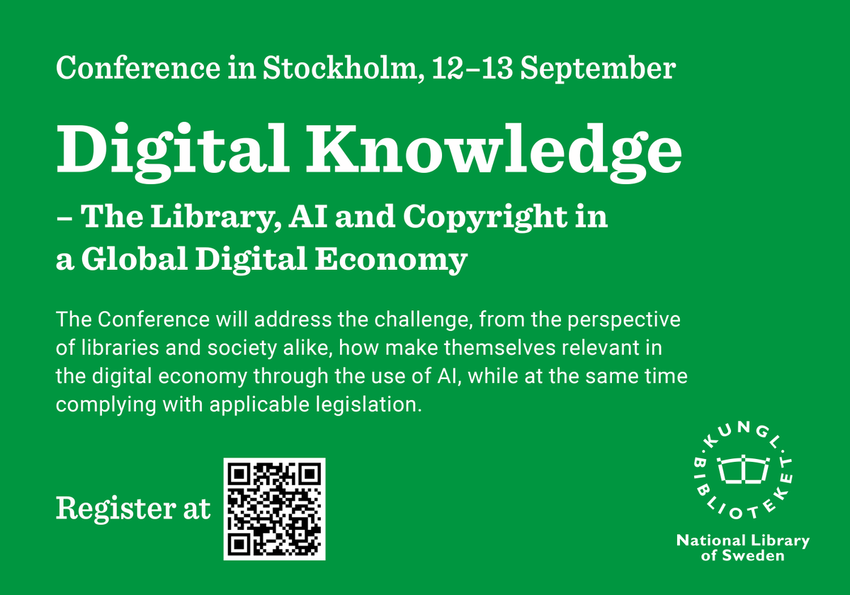 “Digital Knowledge – The Library and Copyright in a Global Digital Economy” -konferenssi järjestetään Tukholmassa 12.-13.9.2024. 

delegia.com/app/netattm/at…

#copyright #ai #libraries #tekijänoikeus #tekoäly #kirjastot