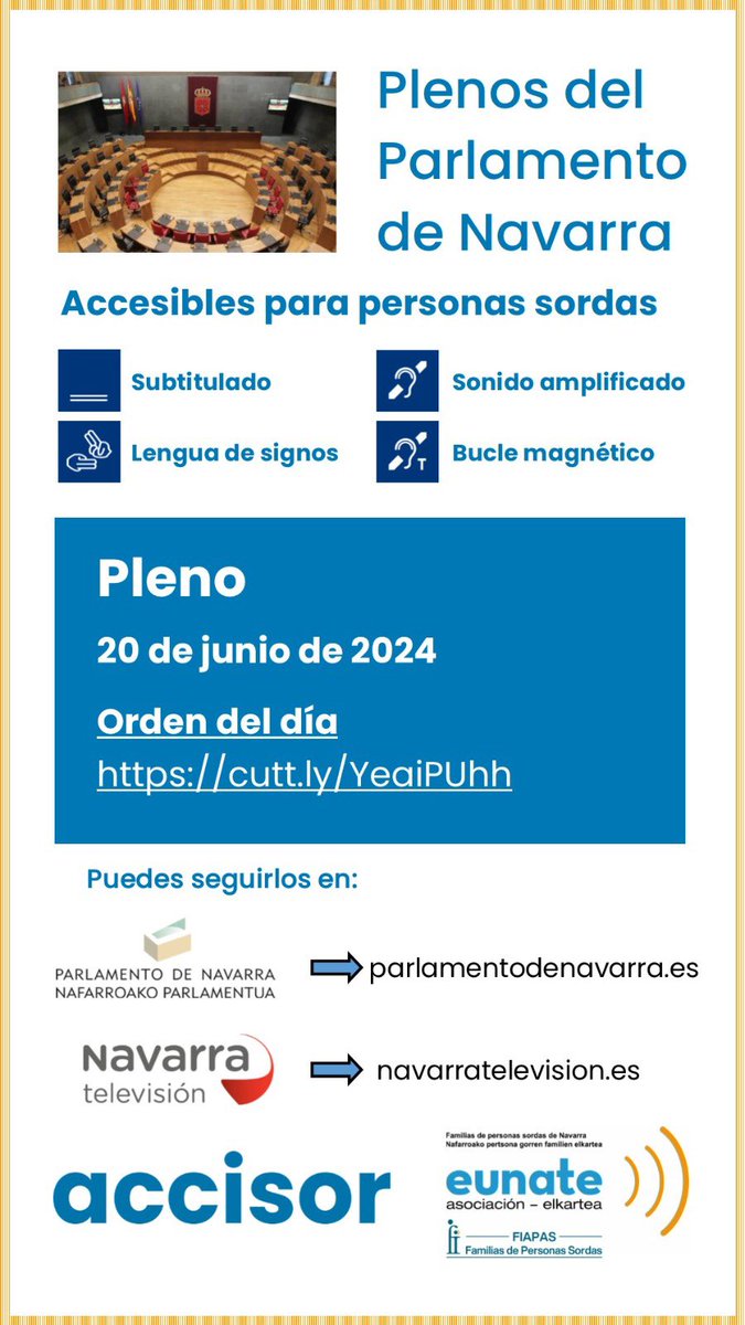 EUNATE_ASOC's tweet photo. Pleno de @parlamentoNA accesible para personas sordas. A partir de las 9:30 puedes seguirlo en la web del Parlamento https://t.co/Pgy1w7fNx3 o en @NavarraTV
Orden del día ➡️ https://t.co/MYEa6g1VLA
#accesibilidad
#subtitulado
#interpretesls
#buclemagnetico
#hablamosdederechos https://t.co/Pexg5zN20G