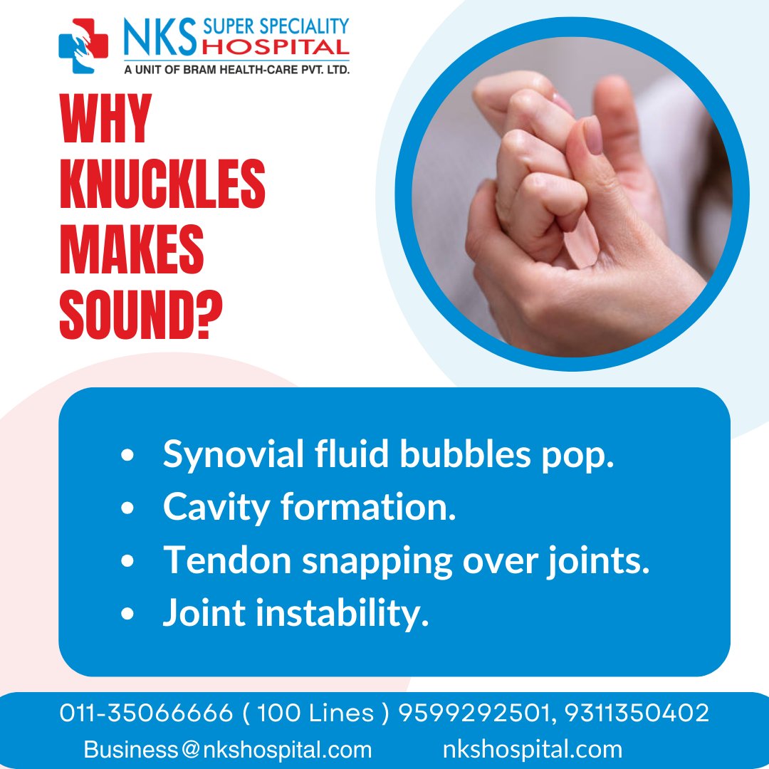 nkshospital's tweet photo. - What makes your knuckles crackle and pop? It's the sudden collapse of air bubbles in the joint fluid, creating a popping or cracking sound! #KnuckleCracking #JointHealth #nkshospital
Consult at NKS Hospital with our orthopedics and sports medicine expert Dr. Ankur Sharma from Monday to Saturday , 9am to 7pm.
Book an appointment :
https://t.co/3xKCarqfTW
Contact : 9311350402 , 9599292501
DM us for query!