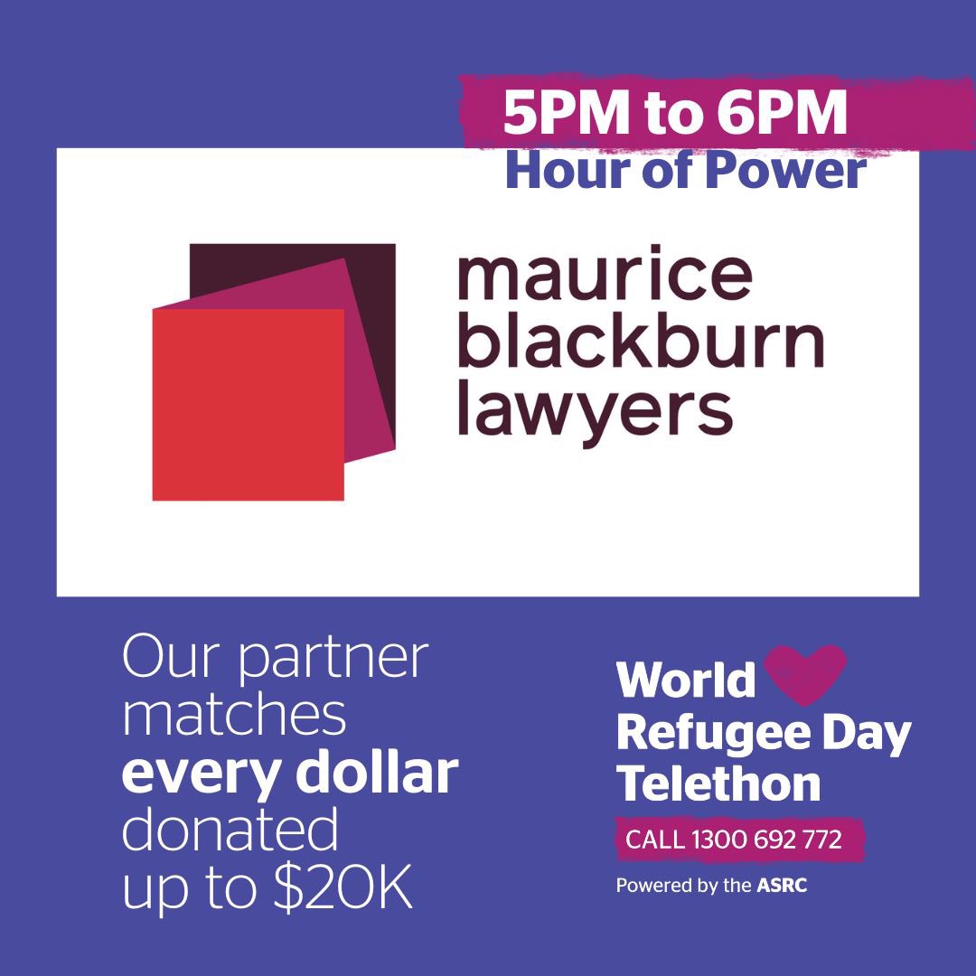 Kon Karapanagiotidis (@kon__k) on Twitter photo DOUBLE YOUR DONATION!
For next hour your donation to #WorldRefugeeDay #Telethon powered by #ASRC will be matched up to $20,000
by <a href="/YouCanCountOnMB/">Maurice Blackburn</a>
To #DONATE (#taxdeductible)👇🏼
CALL 1300 692 772
TXT ‘HOPE’ to 0476 000 111 to donate $20
ONLINE at: donate.asrc.org.au/telethon DOUBLE YOUR DONATION!
For next hour your donation to #WorldRefugeeDay #Telethon powered by #ASRC will be matched up to $20,000
by <a href="/YouCanCountOnMB/">Maurice Blackburn</a>
To #DONATE (#taxdeductible)👇🏼
CALL 1300 692 772
TXT ‘HOPE’ to 0476 000 111 to donate $20
ONLINE at: donate.asrc.org.au/telethon