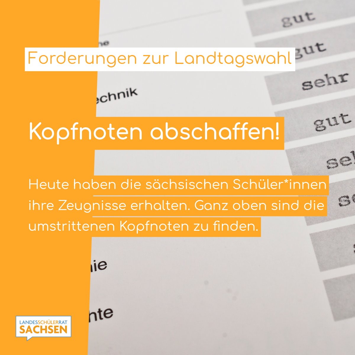Kopfnoten sollen das Sozialverhalten von Schüler*innen bewerten. Dabei müssen Lehrkräfte zwangsläufig subjektiv die Schüler*innen bewerten. Wir fordern, Kopfnoten abzuschaffen!

Unser ausführliches Statement hier ⬇️
svlink.de/KdnRb