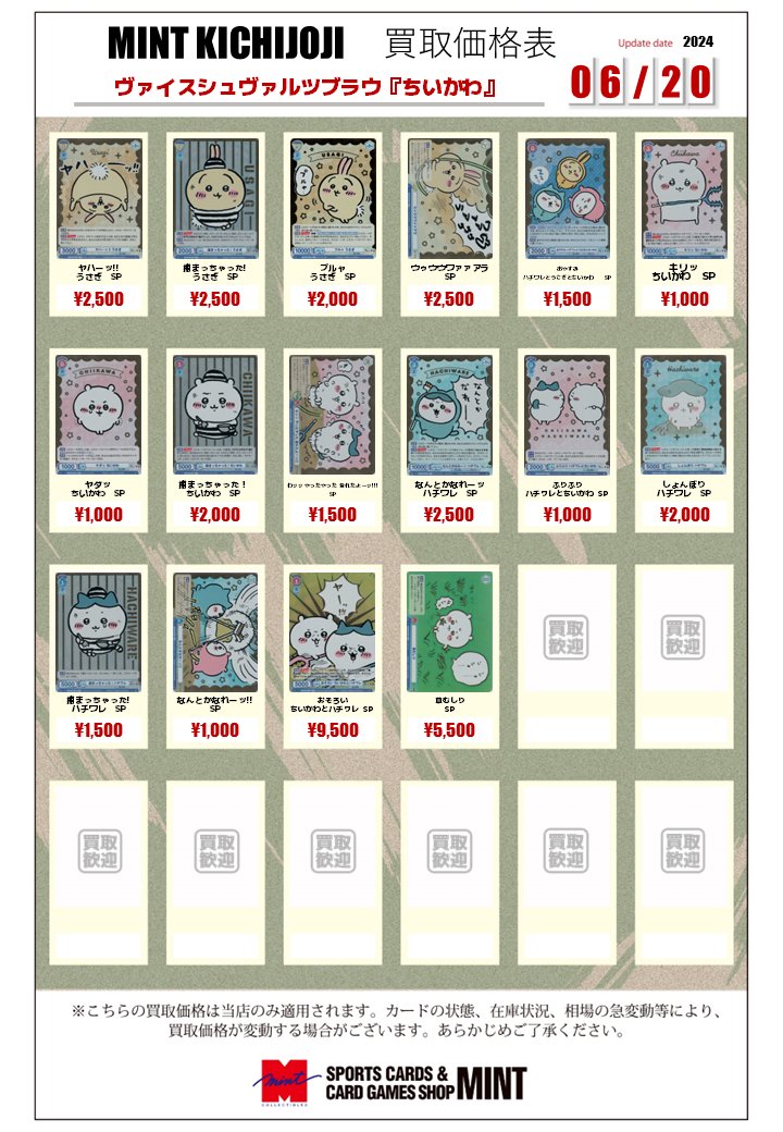 ヴァイスシュヴァルツブラウ 『ちいかわ』SPカード買取表を作成いたし