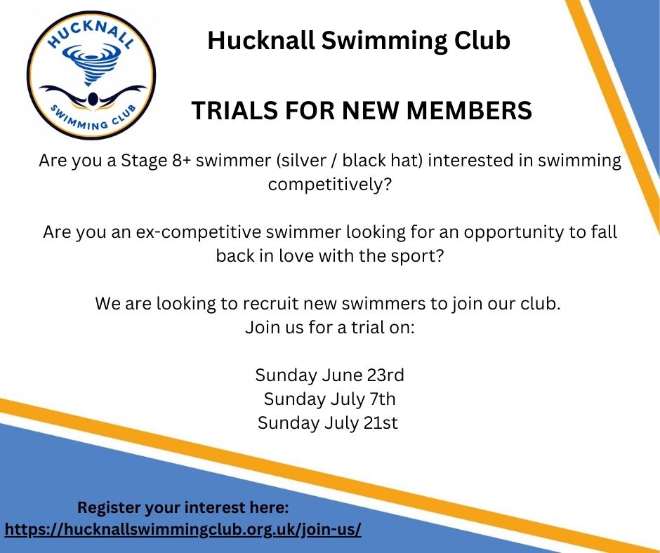 Still time to sign up!!
TRIALS FOR NEW MEMBERS
Register your interest here: hucknallswimmingclub.org.uk/join-us/

Join us for a trial on:
Sunday June 23rd
Sunday July 7th
Sunday July 21st
For further information on our club please take a look at our website hucknallswimmingclub.org.uk