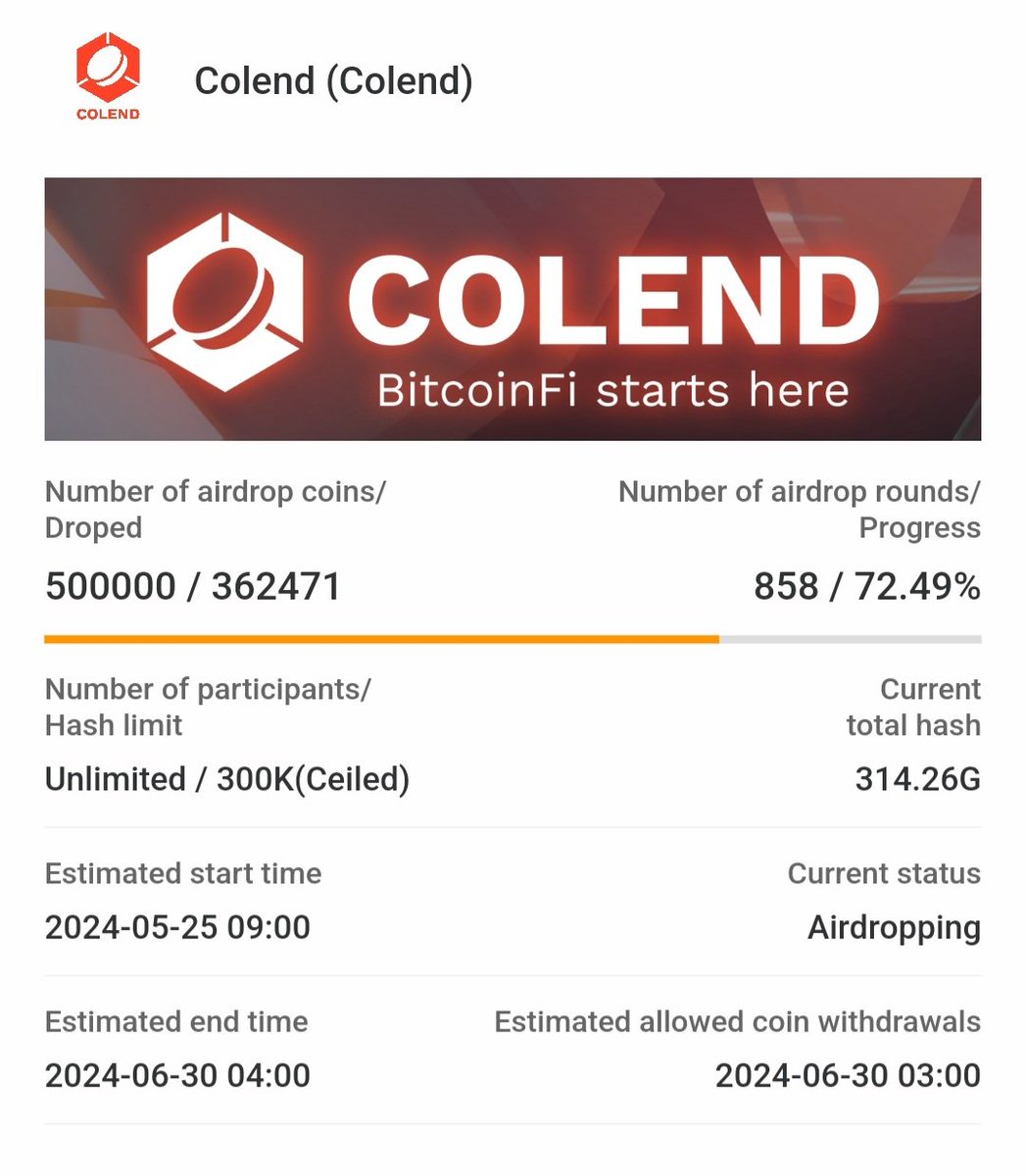 Satoshi App users ; Colend airdrop mining will be ending in 🔟days (30th  June 2024). Remember to follow their official Twìțťer handle for updates.  More verified crypto airdrops: https://t.co/P4lBxea8cg Stay informed ✓