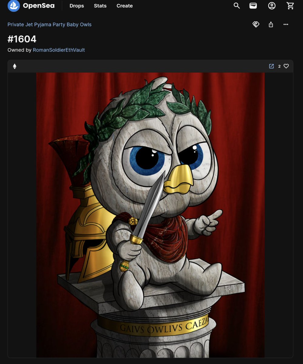 Gm! There are things that must happen. On October 14, 2022 I minted romanowl.eth (<a href="/ensdomains/">ens.eth</a>). Yesterday I acquired the unique Owlius Caesar in the <a href="/pjpp_club/">Private Jet Pyjama Party</a> collection (yes, I know the baby collection is worthless but I don't plan to sell it).
Now I just have to wait until I