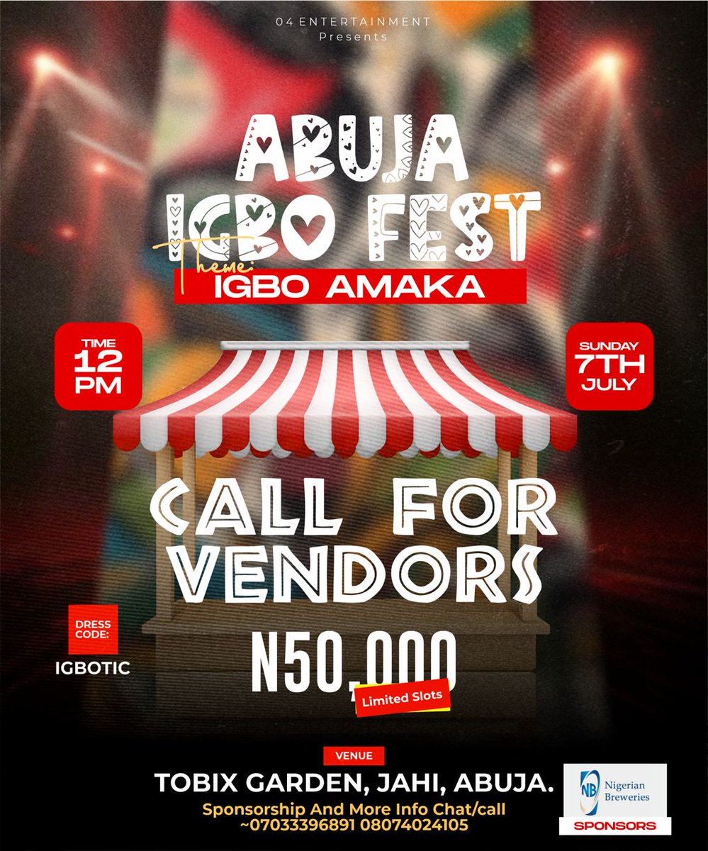 frankedyozie's tweet photo. Igbo Kwenu.
This is me coming to remind you to secure your tickets for the #AbujaIgbofest happening on the 7th of July.

Register here already https://t.co/WPG2c5H6hE
For any further clarifications, do well to reach out via DM/Comment below as I'll be glad to answer any questions as regards the event proper.

Igbo Amaka nu..
Je be nu nke Oma... 🙌🏼