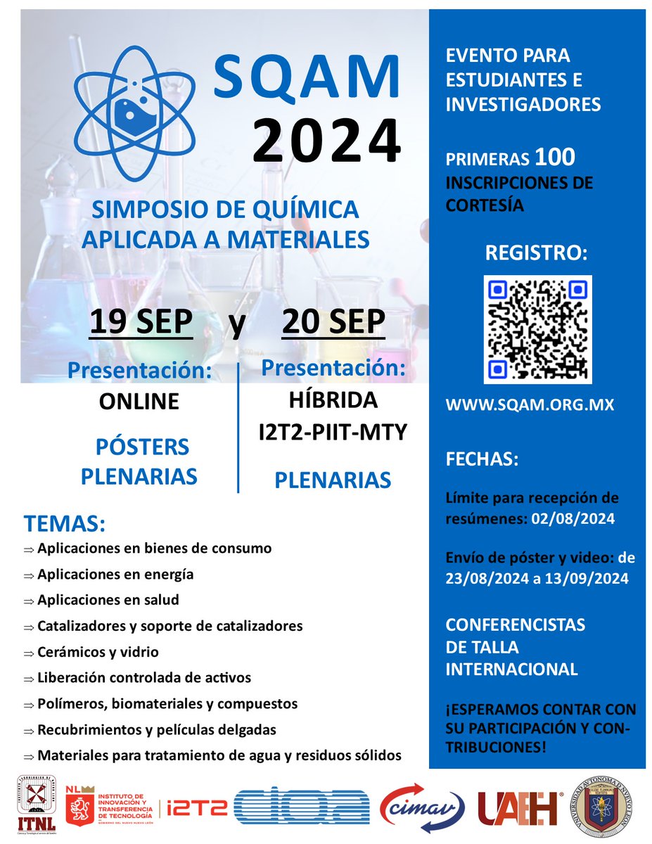 SQAM_PIIT's tweet photo. CONVOCATORIA ABIERTA!!

Link de registro:
https://t.co/RCSNYfvPQj

#chemistry #MaterialsScience #materialsengineering #nanomaterial #nanotechnology #nanomedicine #nanoceramic #catalyst #polymers #biomaterials #composites #films #wastewater #foodengineering #ilovescience https://t.co/JPfgRdW3FU