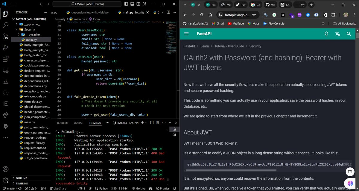 ezeisraeljohn's tweet photo. As I built an Event management API, I was trying to get my head around JWT Tokens, in FastAPI.

It's amazing how FastAPI allows you to do most things yourself, just like Flask.

#ALXSE, #100DaysOfALX_SE https://t.co/HB1l9zIafG